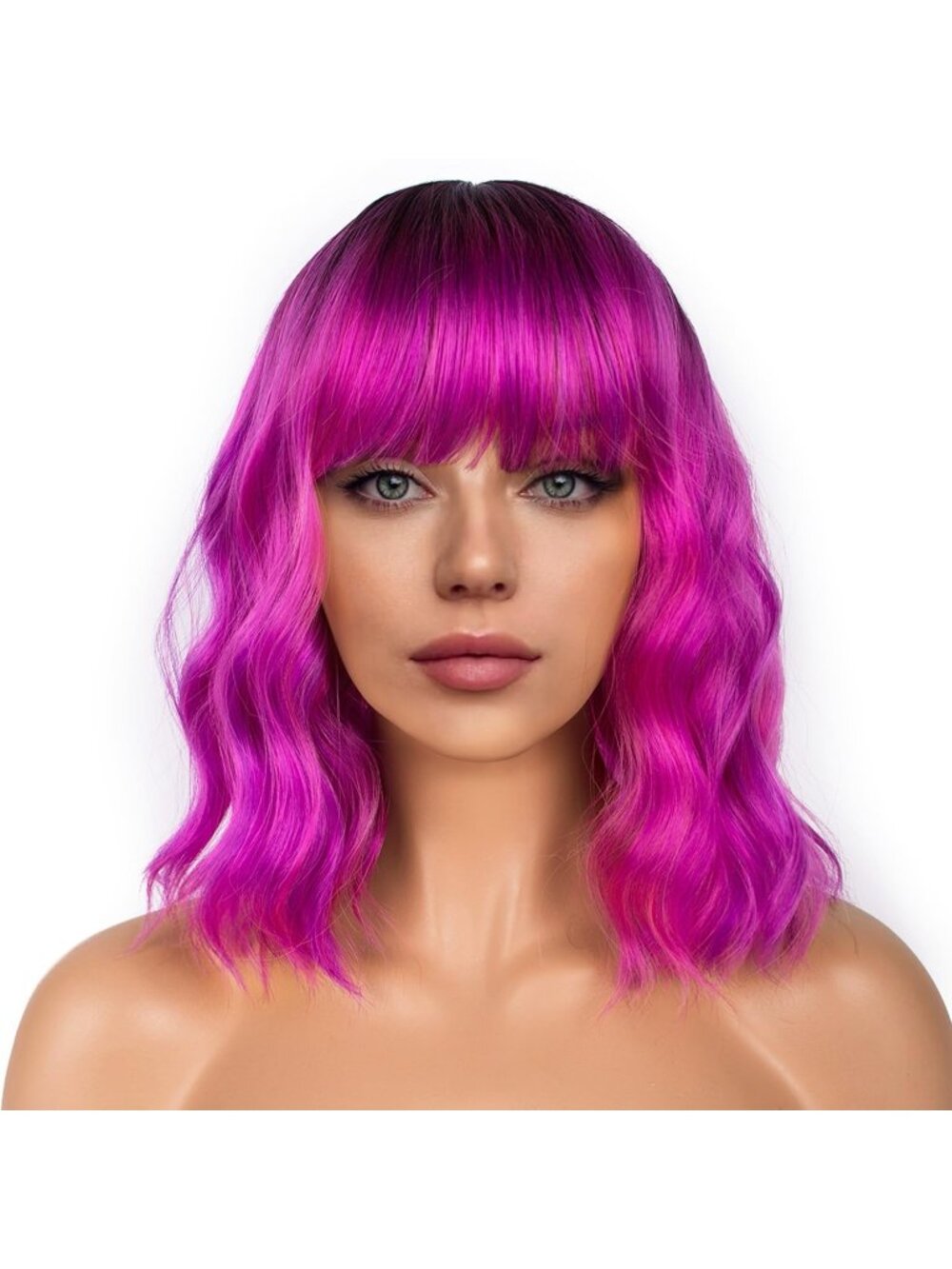 Women's Black Purple Shoulder Length Synthetic Loose Wavy Short Bob Wigs Bangs